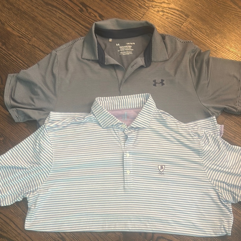 Johnnie-O Sedgefield golf polo EUC and UA navy stripe playoff polo EUC